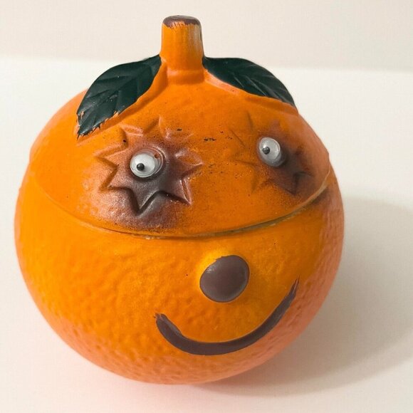 Vintage Orange Anthropomorphic Smiling Fruit Ceramic Sugar Bowl Googly Eyes - Picture 5 of 16